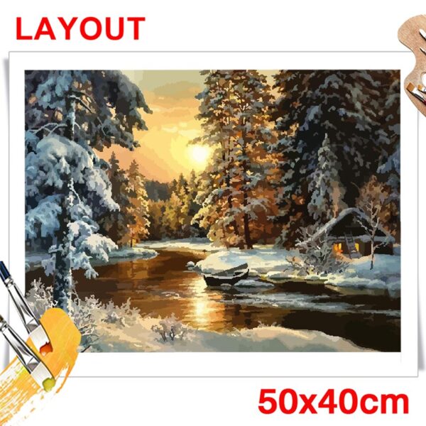 Painting By Numbers Landscape Winter House Sunset - Image 5